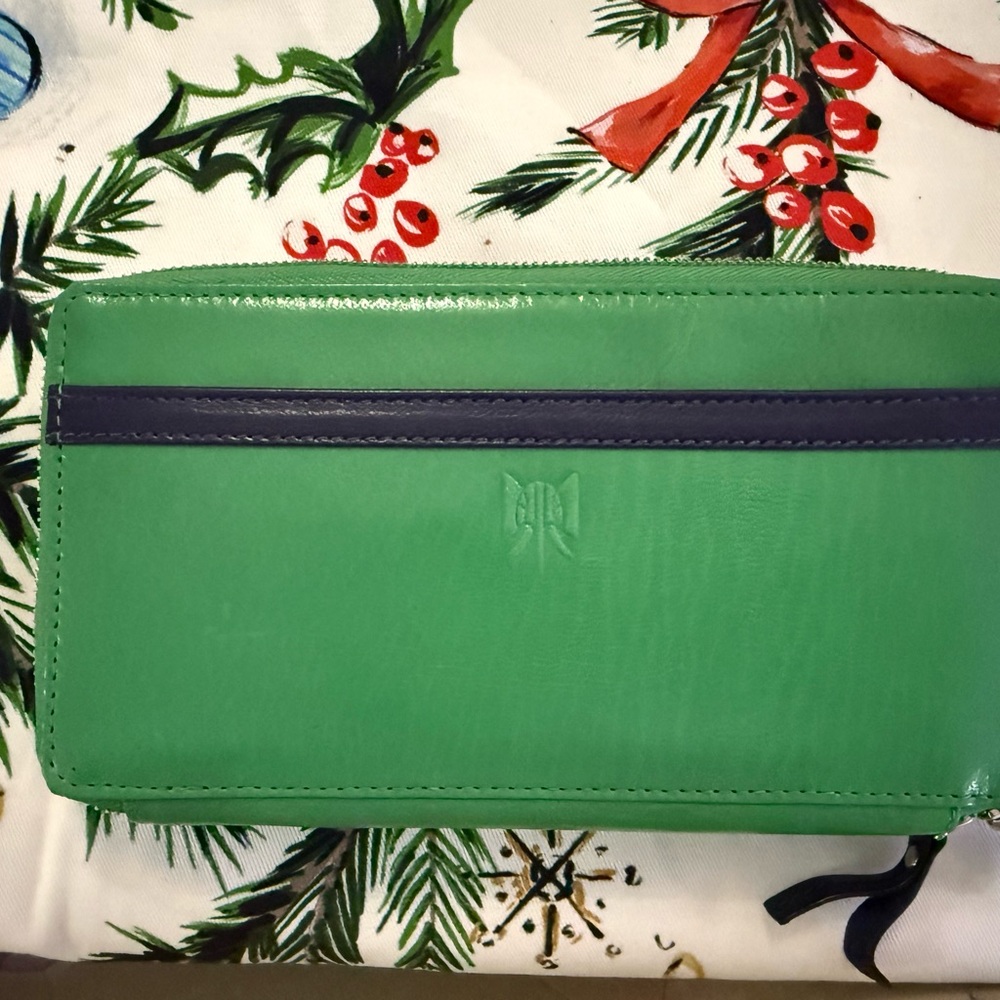Tusk Double Zip Green Wallet with Blue Stripe